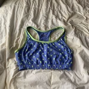 blue/green polka dotted sports bra